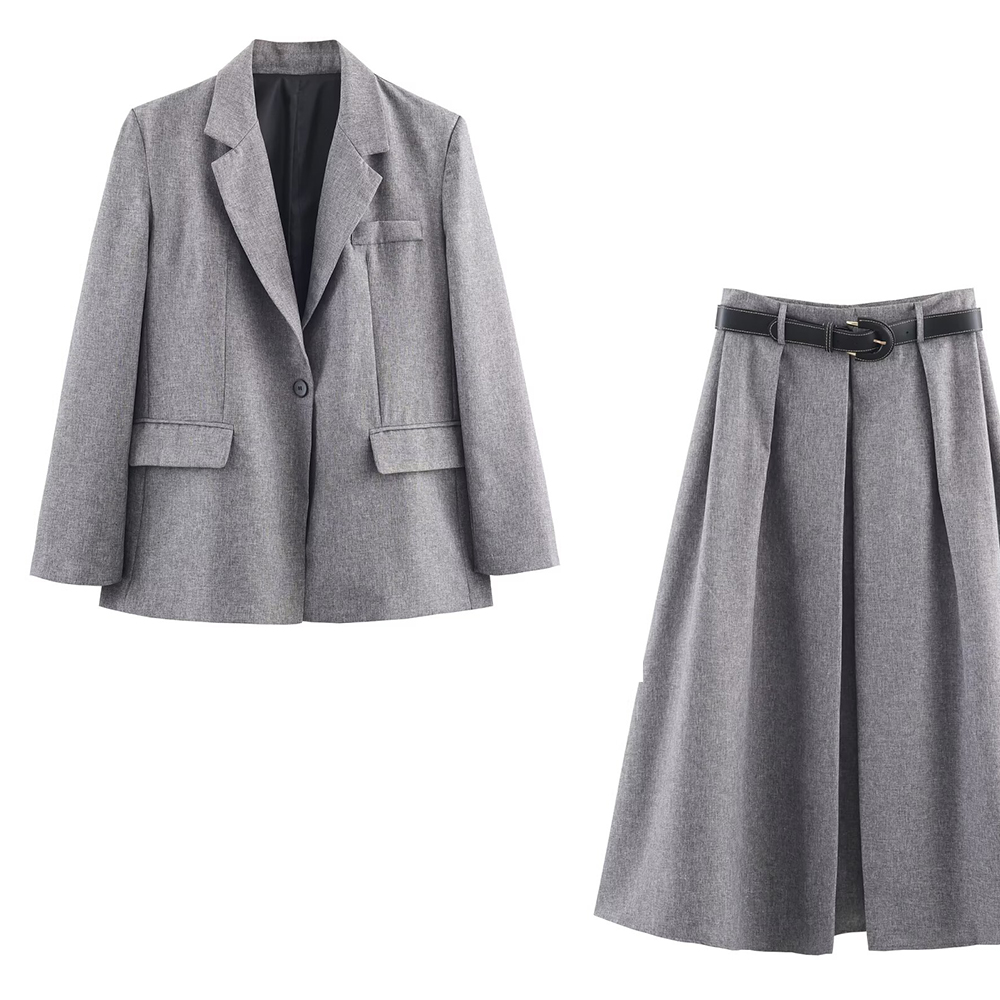 Winter Clothing Pk - ชุดสูทผู้หญิงลายก้างปลาแบบใหม่สำหรับฤดูหนาว พร้อมเสื้อแจ็คเก็ตเสริมไหล่ สายคาดเอว และกระโปรงพลีทความยาวปานกลาง