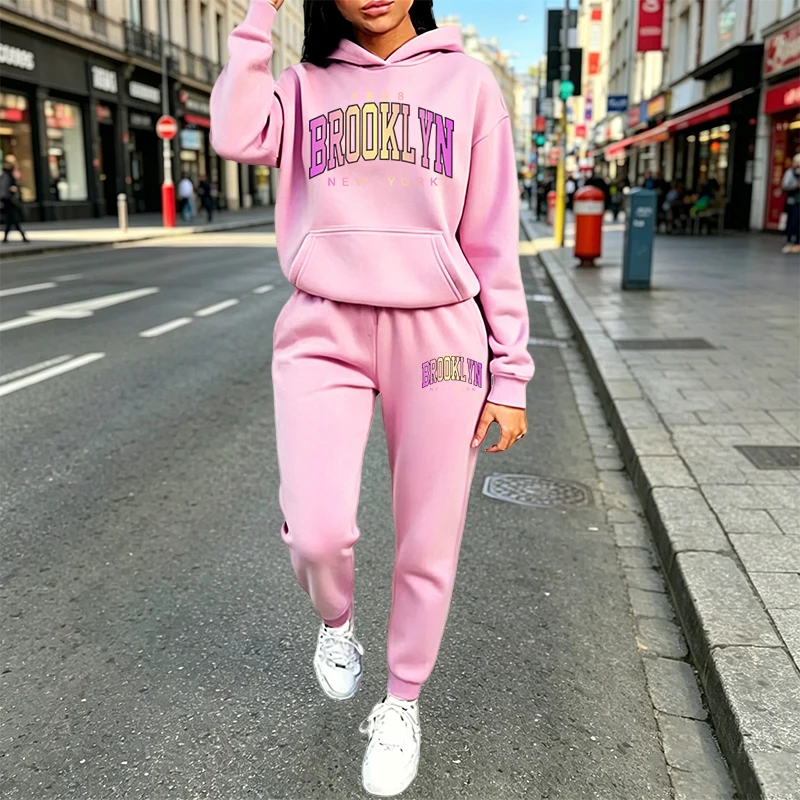 Winter Clothing For Women - ชุดลำลองสำหรับผู้หญิง เสื้อฮู้ดพิมพ์ลาย 2 ชิ้น ชุดกีฬาสำหรับวิ่งจ็อกกิ้ง ใส่ได้ทุกวัน